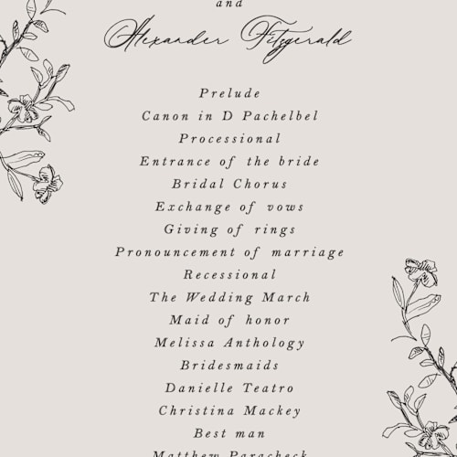 This is a stone unique wedding programs with standard by Phrosné Barwood called etched floral printing on signature in standard