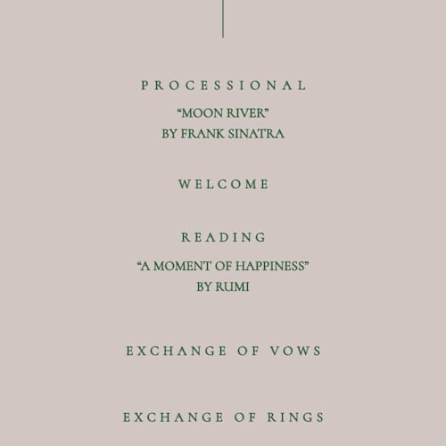 This is a vineyard unique wedding programs with standard by Sumak Studio called wellness printing on signature in standard