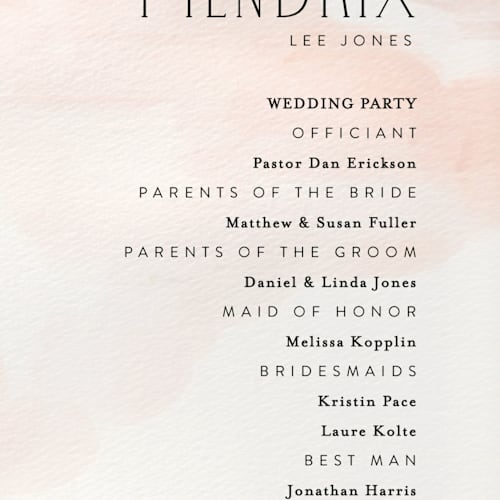 This is a blush unique wedding programs with standard by Itsy Belle Studio called first light printing on signature in standard
