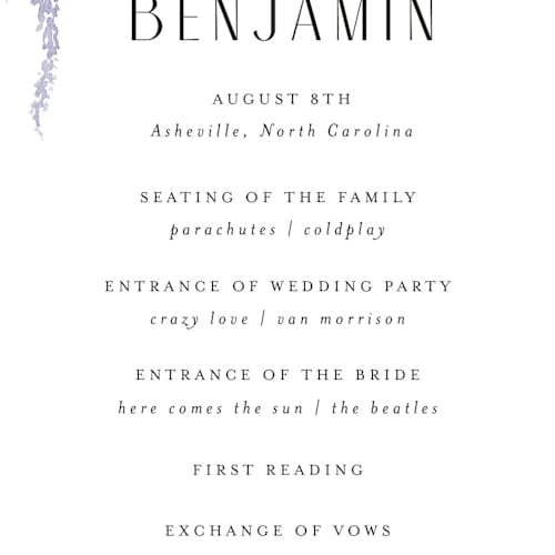 This is a lavender unique wedding programs with standard by Design Lotus called enchanted evening printing on signature in standard