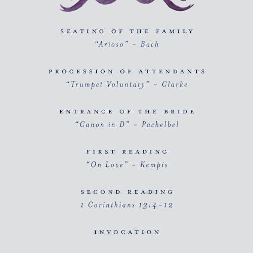 This is a winter unique wedding programs with standard by Pink House Press called crest fall printing on signature in 4x9