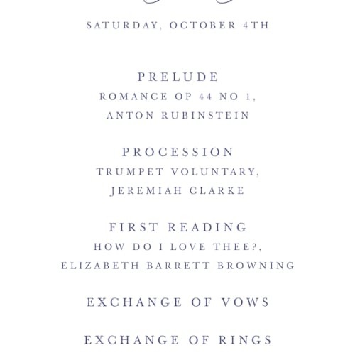 This is a dusty blue unique wedding programs with standard by Cass Loh called watercolor flowers crest printing on signature in standard