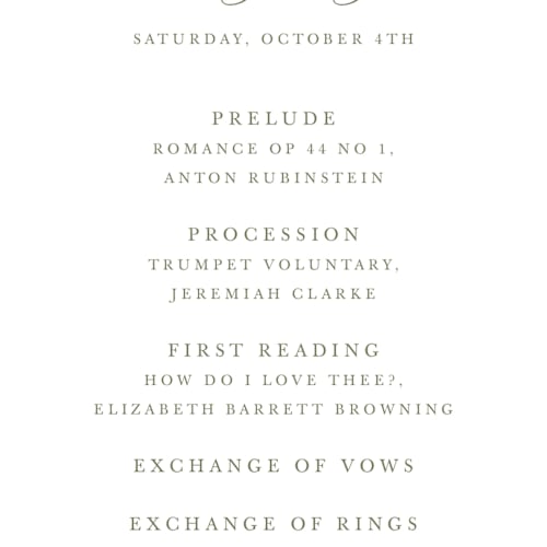 This is a moss unique wedding programs with standard by Cass Loh called watercolor flowers crest printing on signature in 4x9