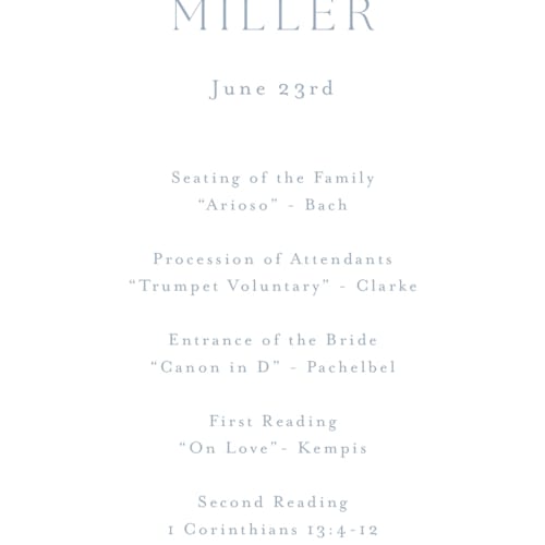 This is a dusty blue unique wedding programs with standard by Stacey Meacham called modern air printing on signature in standard