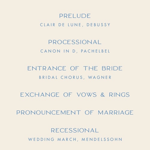 This is a cerulean unique wedding programs with standard by Ellen Schlegelmilch called brooklyn printing on signature in standard