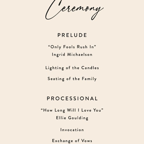 This is a sand unique wedding programs with standard by Carolyn MacLaren called script and monogram printing on signature in standard