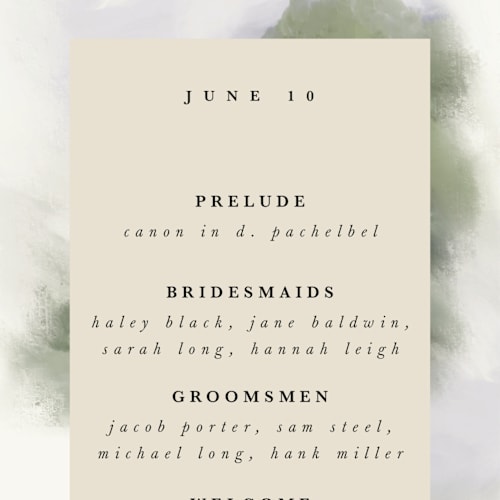 This is a moss unique wedding programs with standard by Hannah Williams called hillside printing on signature in standard