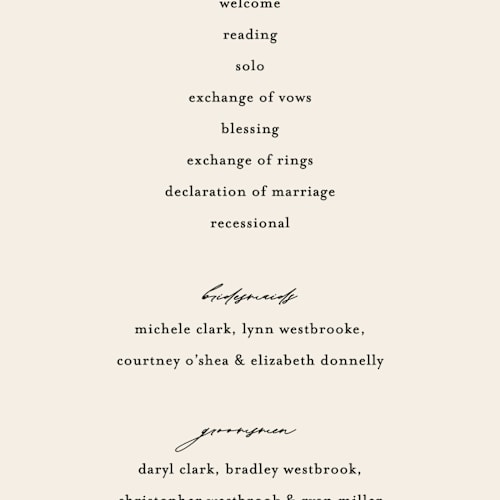 This is a cream unique wedding programs with standard by Pixel and Hank called spin printing on signature in standard