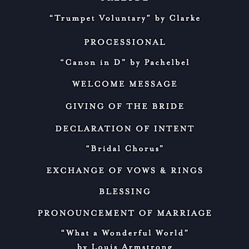 This is a navy unique wedding programs with standard by Vanessa Doyle called in love printing on signature in 4x9
