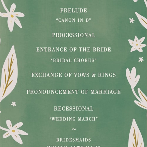 This is a emerald unique wedding programs with standard by Ani Somi called friendly flowers printing on signature in standard