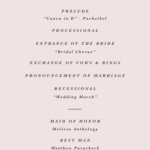 This is a mauve unique wedding programs with standard by Olivia Kanaley Inman called antique ribbon printing on signature in 4x9