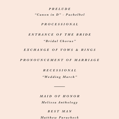 This is a coral unique wedding programs with standard by Olivia Kanaley Inman called antique ribbon printing on signature in standard