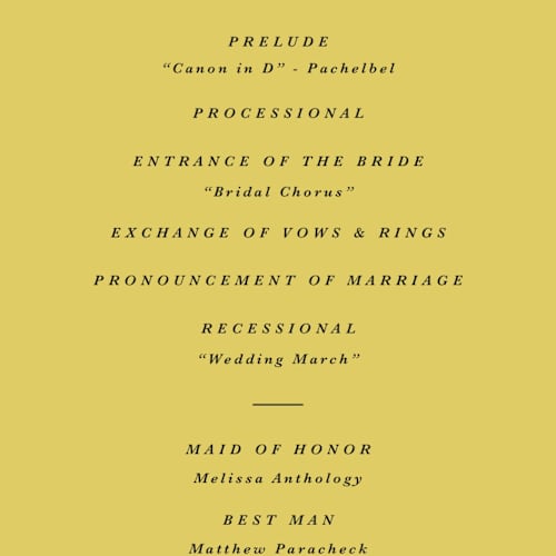 This is a citrine unique wedding programs with standard by Olivia Kanaley Inman called antique ribbon printing on signature in standard