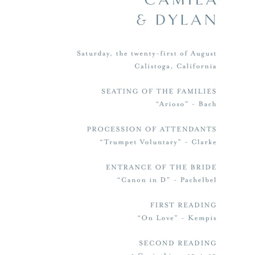 This is a dusty blue unique wedding programs with standard by Jennifer Postorino called graceful printing on signature in standard