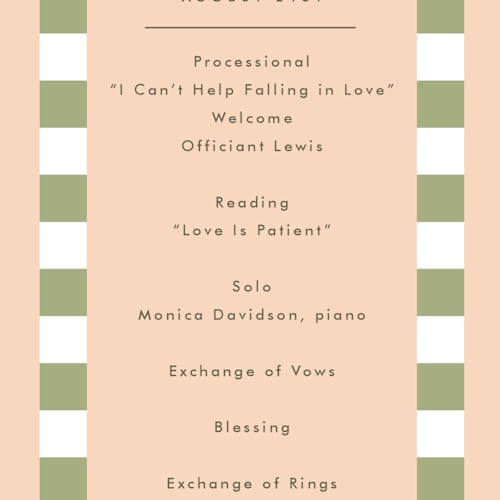 This is a peach unique wedding programs with standard by Baumbirdy called boardwalk printing on signature in standard