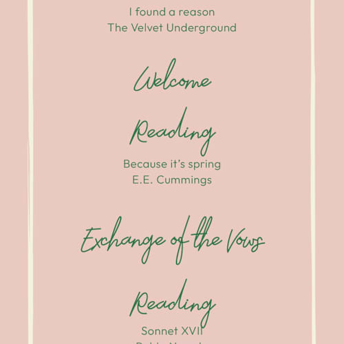 This is a avocado unique wedding programs with standard by Helena Vitto called handwritten letter printing on signature in 4x9