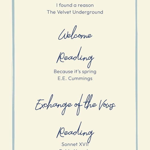 This is a blue velvet unique wedding programs with standard by Helena Vitto called handwritten letter printing on signature in 4x9