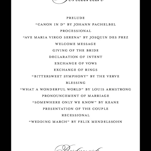 This is a ink unique wedding programs with standard by That Girl Press called black tie printing on signature in standard