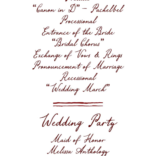 This is a wine unique wedding programs with standard by Cass Loh called handwritten printing on signature in standard