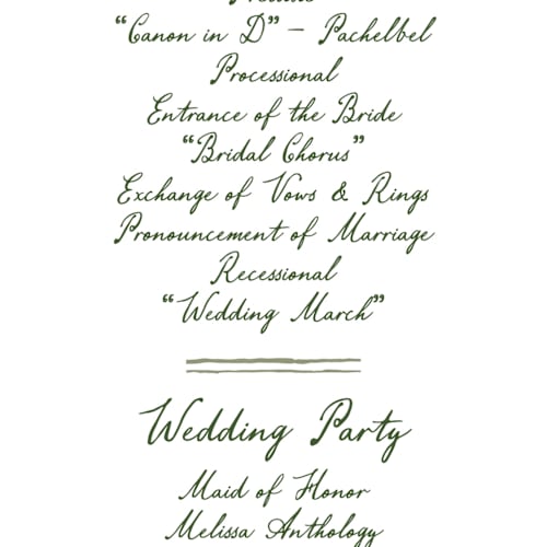 This is a moss unique wedding programs with standard by Cass Loh called handwritten printing on signature in 4x9