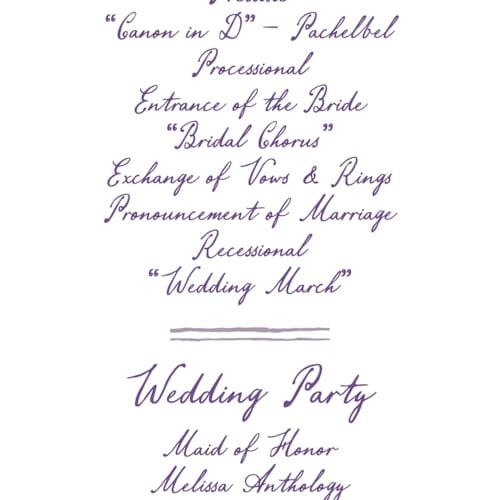 This is a lavender unique wedding programs with standard by Cass Loh called handwritten printing on signature in standard