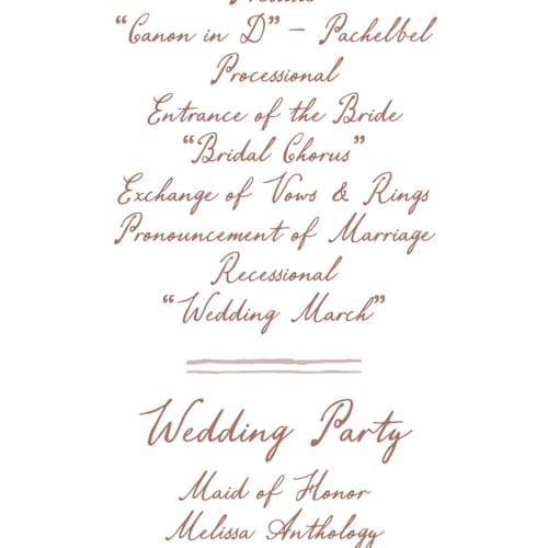 This is a rosewood unique wedding programs with standard by Cass Loh called handwritten printing on signature in 4x9