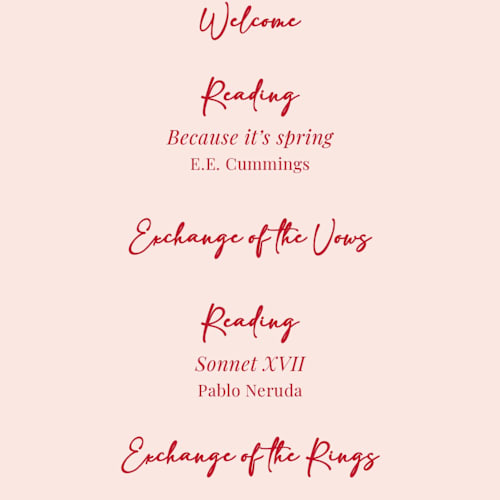 This is a cherry unique wedding programs with standard by Helena Vitto called the pairfect printing on signature in standard