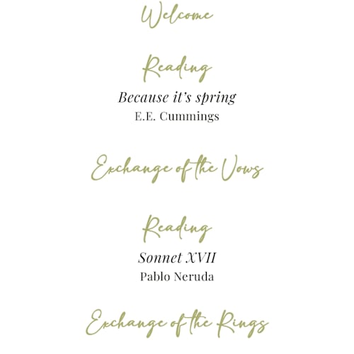This is a olive unique wedding programs with standard by Helena Vitto called the pairfect printing on signature in 4x9