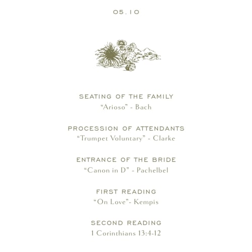 This is a verde unique wedding programs with standard by Megan Davis called rancho printing on signature in standard