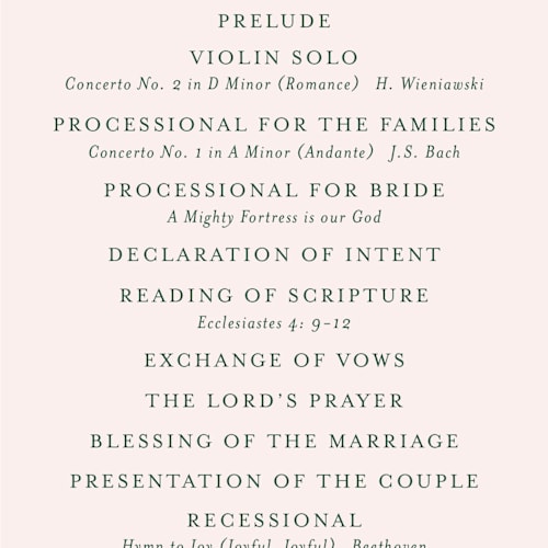 This is a rose unique wedding programs with standard by Megan Davis called hepburn printing on signature in 4x9