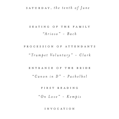 This is a classic white unique wedding programs with standard by Design Lotus called a thousand years printing on signature in 4x9