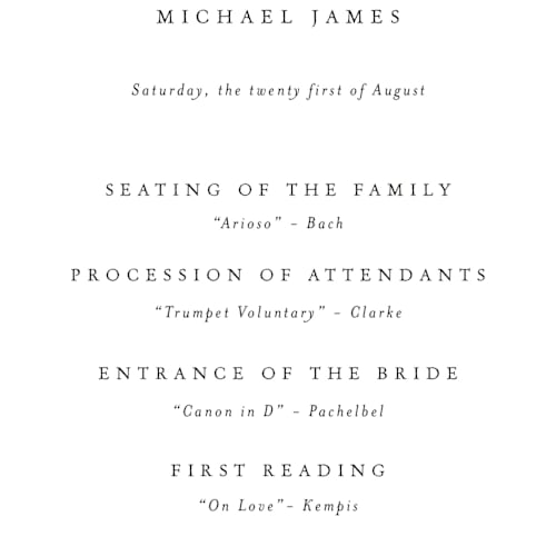 This is a cloud unique wedding programs with standard by Design Lotus called sense and sensibility printing on signature in 4x9