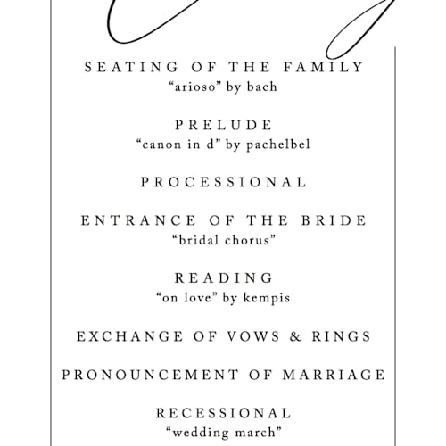 This is a alabaster unique wedding programs with standard by Liz Conley called love story printing on signature in 4x9