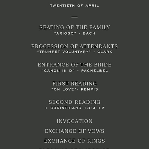 This is a charcoal unique wedding programs with standard by Megan Davis called upper east printing on signature in 4x9