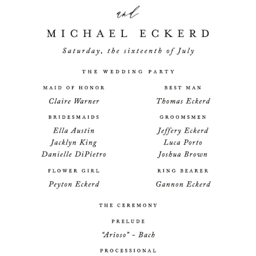 This is a obsidian unique wedding programs with standard by Jennifer Postorino called delicate printing on signature in 4x9