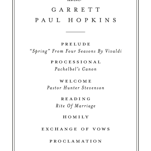 This is a noir unique wedding programs with standard by Amy Kross called overlapping printing on signature in 4x9