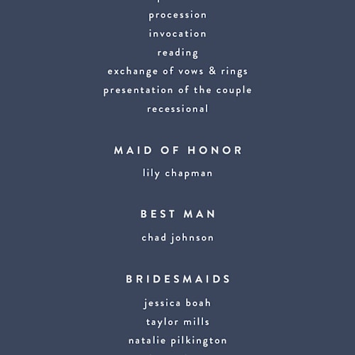 This is a navy unique wedding programs with standard by JoAnn Jinks called marked printing on signature in 4x9