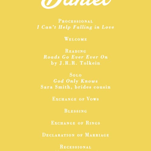 This is a sunshine unique wedding programs with standard by Jessie Steury called pretty picado printing on signature in 4x9