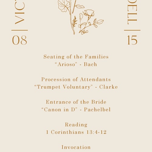 This is a cream unique wedding programs with standard by Baumbirdy called floral type arch printing on signature in standard