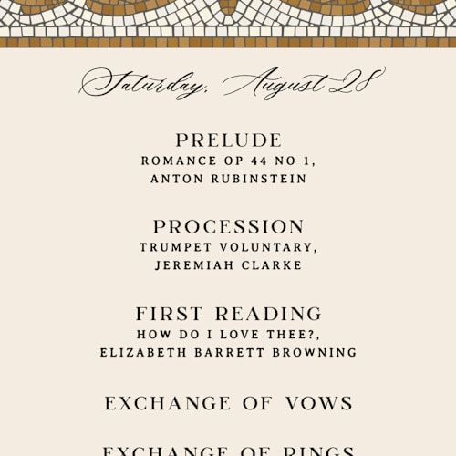 This is a sand unique wedding programs with standard by GeekInk Design called floral mosaic printing on signature in 4x9