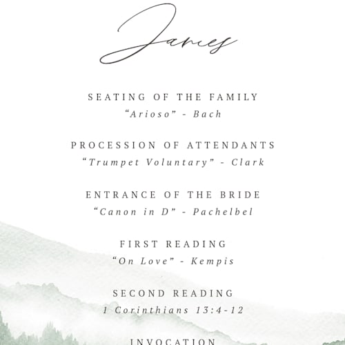 This is a fern unique wedding programs with standard by Helen Halik called over the mountains printing on signature in standard