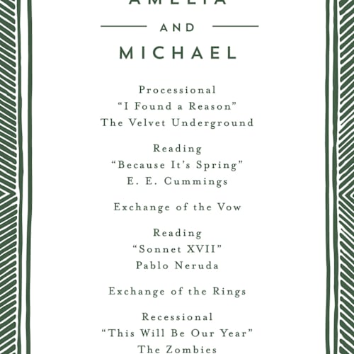 This is a fern unique wedding programs with standard by Katharine Watson called block print frame printing on signature in 4x9