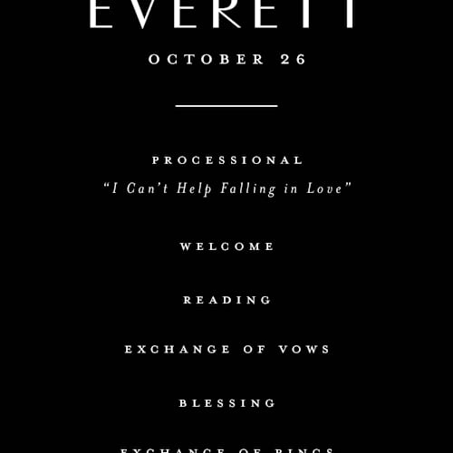 This is a onyx unique wedding programs with standard by Emily Betts called modern classic names printing on signature in 4x9