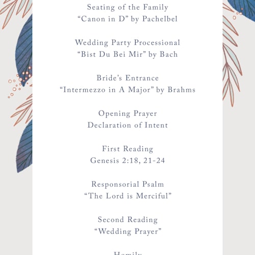 This is a cobalt unique wedding programs with standard by Jen Owens called bouquet printing on signature in standard