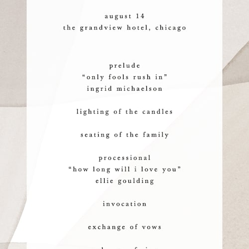 This is a sandstone unique wedding programs with standard by Kate Ahn called gossamer printing on signature in standard