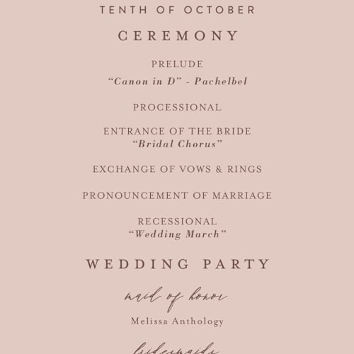 This is a blush unique wedding programs with standard by Lucrecia Caporale called delicate monogram printing on signature in standard