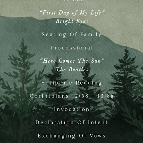 This is a jade unique wedding programs with standard by Elly called the forest printing on signature in 4x9