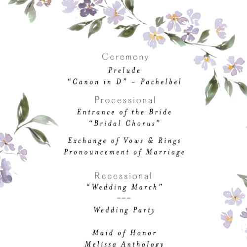 This is a periwinkle unique wedding programs with standard by Itsy Belle Studio called sweeping vine printing on signature in standard