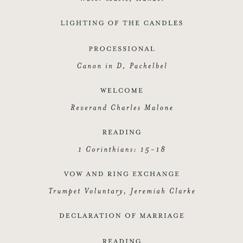 This is a buff unique wedding programs with standard by Sara Hicks Malone called happily ever after printing on signature in standard