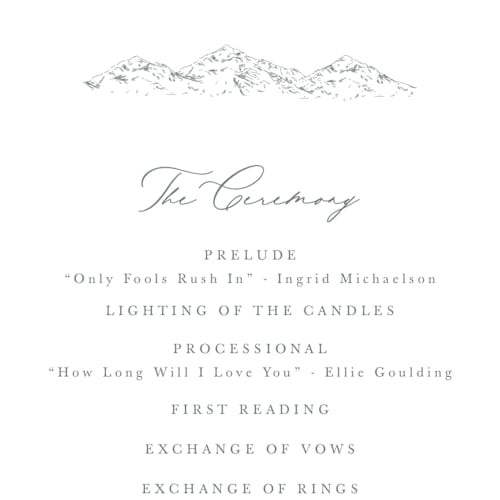 This is a pewter unique wedding programs with standard by Sarah Brown called mountainview printing on signature in standard